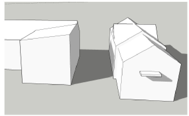 A schematic 3D massing model or block diagram depicting two building structures, likely illustrating the scale and form of proposed or existing buildings.