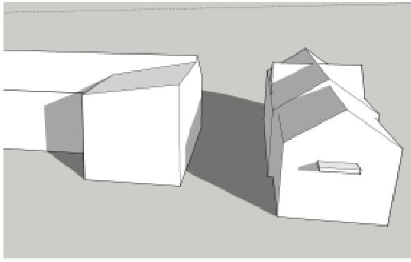 A 3D architectural massing model or perspective drawing showing two building forms and their shadows on a grey background.
