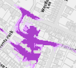 A map view showing a street layout with a large purple highlighted area indicating a site boundary or specific zone.