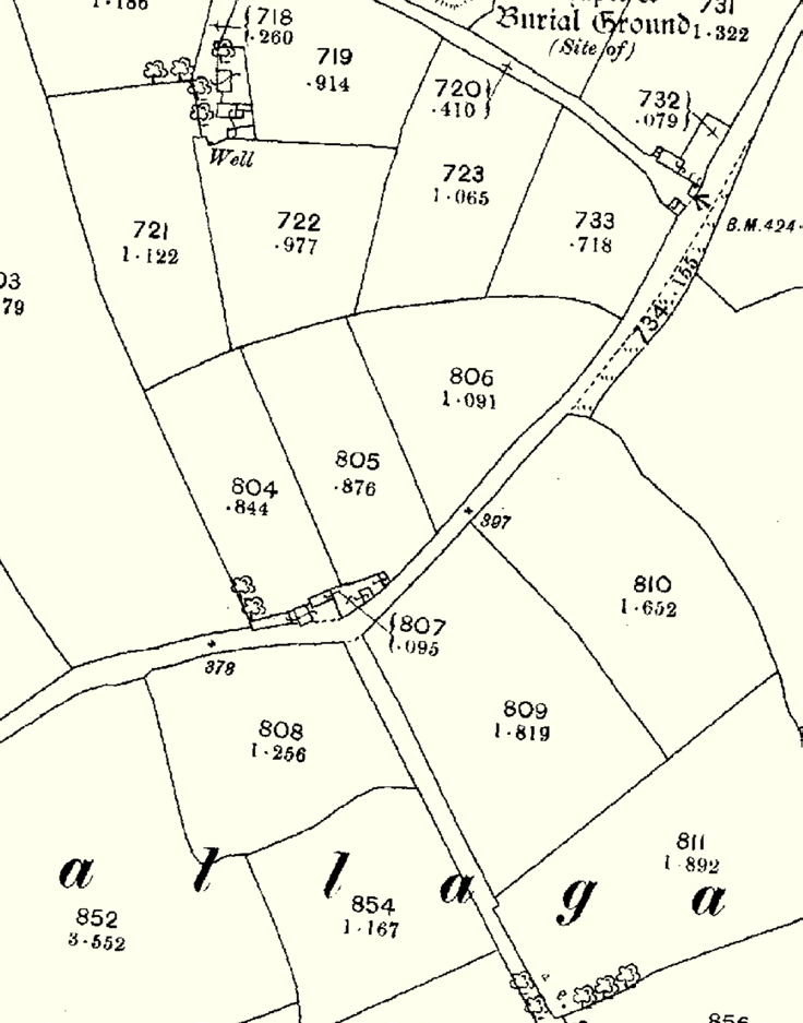 A black and white historical map showing land parcels with field numbers, boundaries, and features like a well and burial ground.