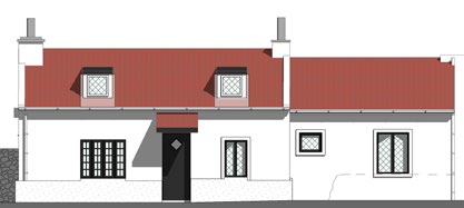 Architectural side elevation drawing of a white house with a red pitched roof, dormer windows, and a flat-roofed extension section.