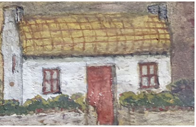 A watercolor-style image or photograph of a white cottage with a red door and tiled roof.