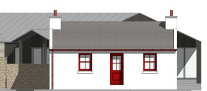 An architectural elevation drawing showing a white single-story dwelling with a red door and windows, flanked by darker extension structures on either side.