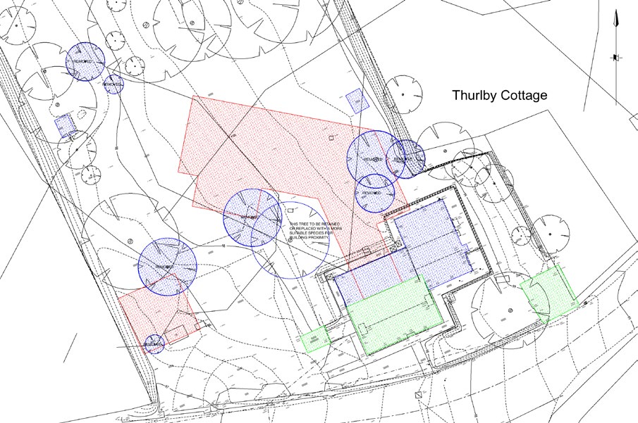 A site plan illustrating the layout of Thurlby Cottage with proposed extensions and landscaping works. The drawing includes tree surveys indicating retention and removal zones alongside contour lines.