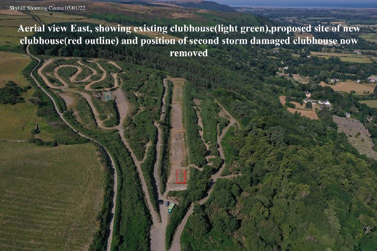 Annotated aerial photograph showing a shooting range site with overlays indicating the existing clubhouse, proposed new clubhouse site, and removed structure.
