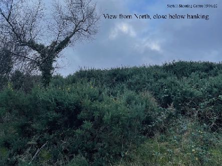 A photograph showing a grassy, shrub-covered embankment or hillside with a tree on the left, labeled as a view from the north near a banking.