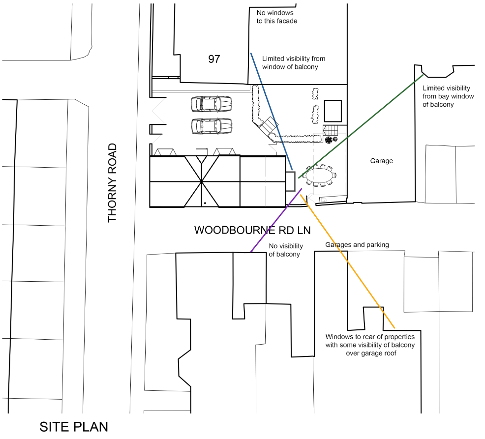 A site plan showing the layout of a property at Woodbourne Rd Ln and Thorny Road, including a garage, parking spaces, and colored lines indicating visibility analysis for a proposed balcony.
