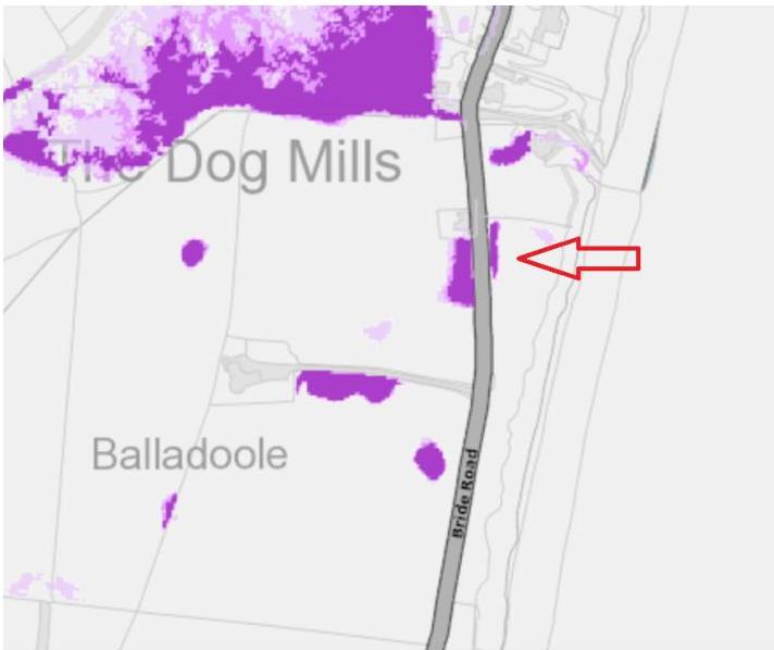 A planning site location map showing the area around Bride Road, The Dog Mills, and Balladoole with a red arrow indicating the specific site location.