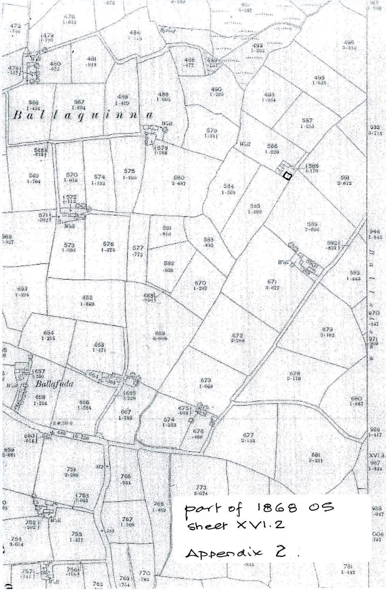 A historical 1868 Ordnance Survey map showing field boundaries, place names like Ballaguinna, and a specific site marked with a black square.