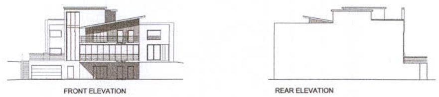 The image displays architectural elevation drawings labeled 'FRONT ELEVATION' and 'REAR ELEVATION', depicting a modern multi-level building structure.