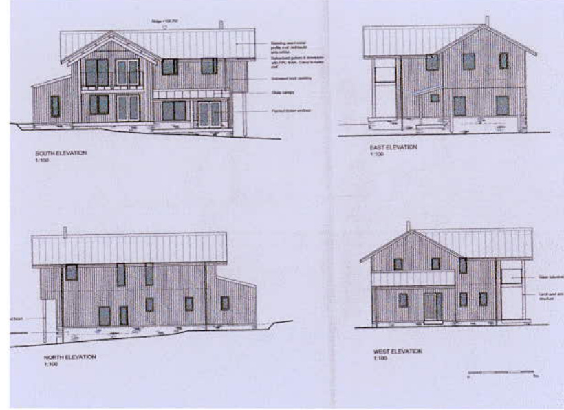 The image displays four architectural elevation drawings (South, East, North, West) of a building, likely an agricultural barn, showing the exterior design and materials.