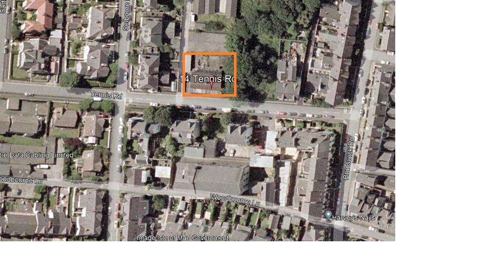 An aerial satellite map view highlighting a residential property at 14 Tennis Rd with an orange boundary box.