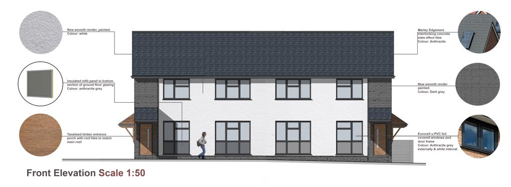 This is a detailed front elevation architectural drawing of a two-storey residential property with material callouts.