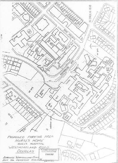 A black and white site plan showing the layout of the Noris Hospital Nurses' Home site on Westmoreland Road, detailing a proposed parking area with numbered bays and access routes.