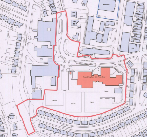 A site plan showing a proposed development site outlined in red, labeled 'Proposed Very Short Aisle Primary School', situated near Hutchinson Road with surrounding residential buildings.