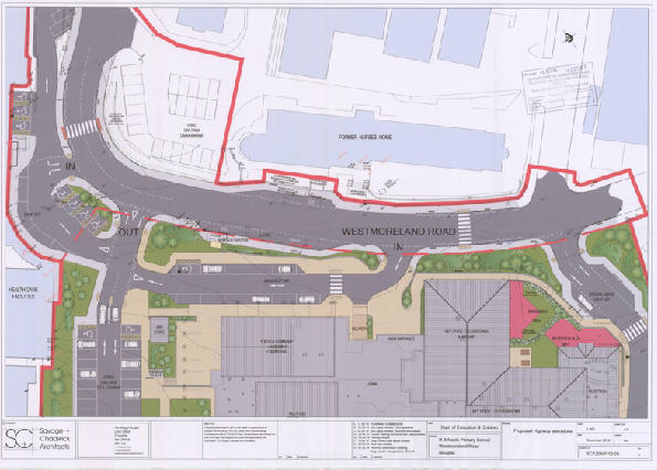 This image displays a site layout plan showing the proposed development of 37 apartments and a cafe on the site of a former nurses' home. It details the highway access points on West Mooreland Road, parking arrangemen...