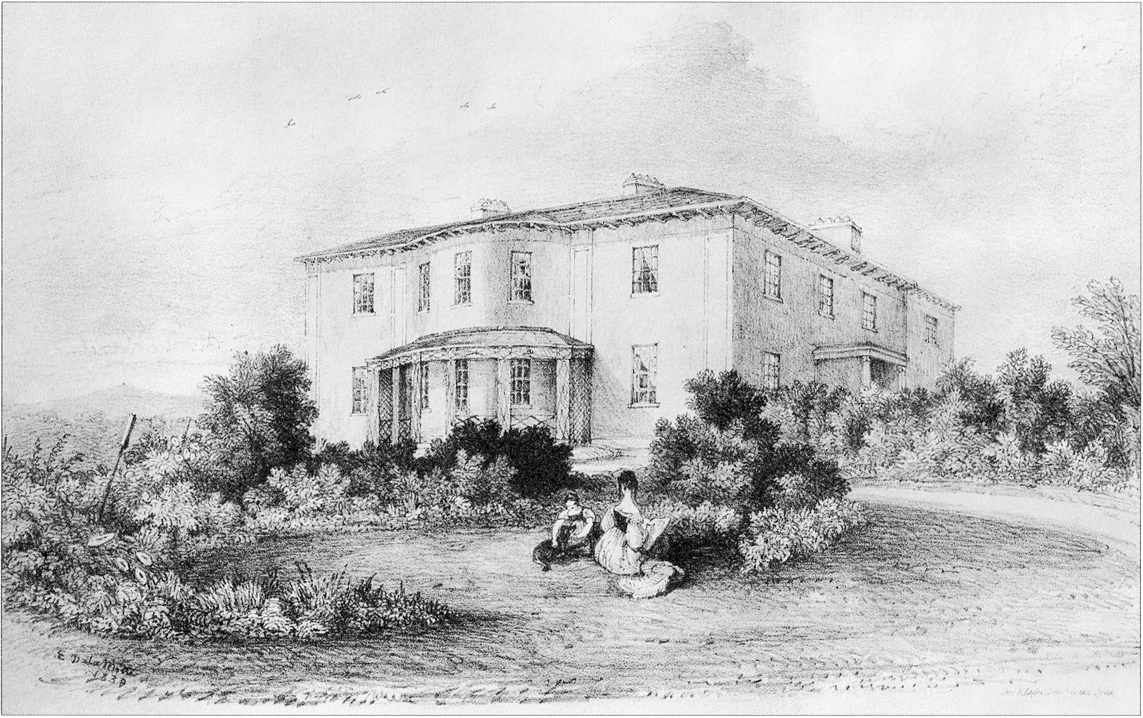 A black and white historical sketch or engraving depicting a large, two-story detached house with a classical porch and figures in the garden.
