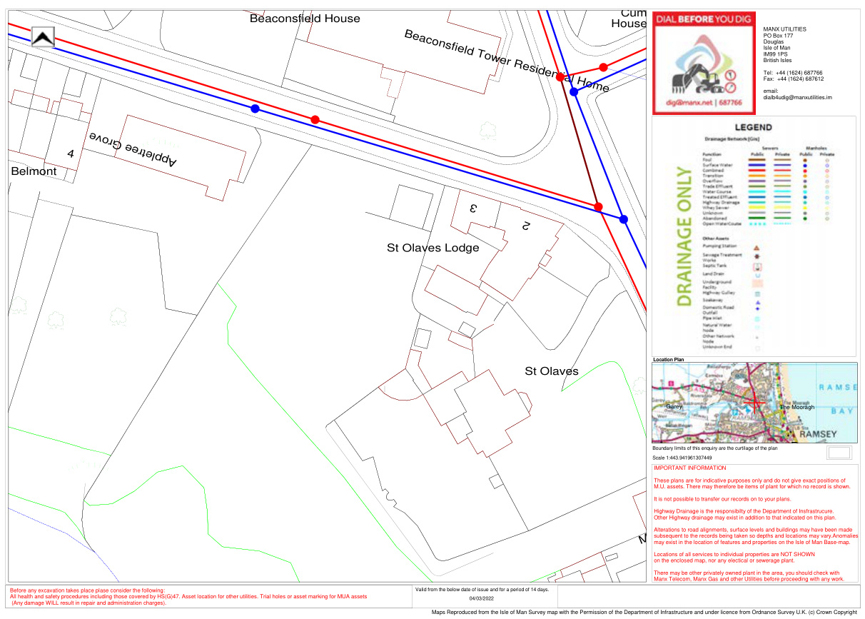 A utility search map displaying drainage and sewer lines overlaid on property boundaries for St Olaves Lodge and surrounding properties.