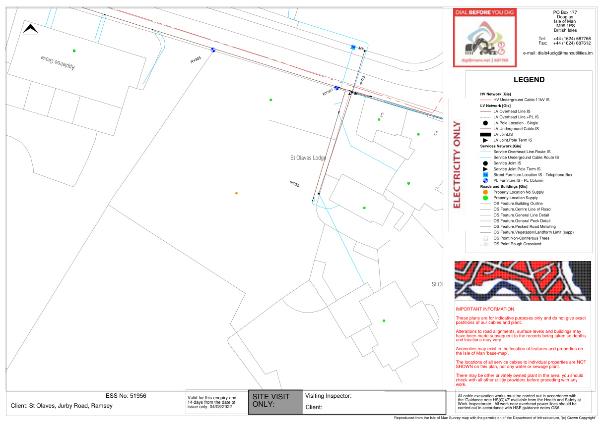 Utility search plan displaying electricity network locations, overhead lines, and underground cables for a site in Ramsey.