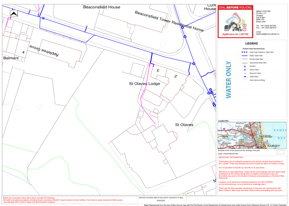 A utility search map showing water mains and property boundaries in the Ramsey area, including an inset location map.