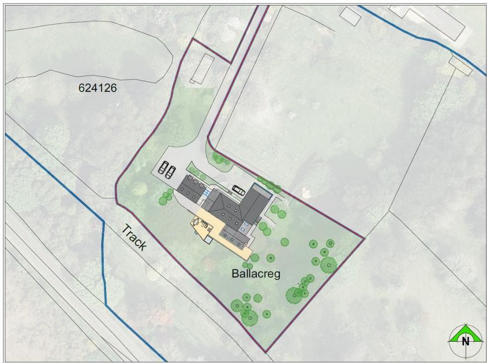 A site plan showing a detached dwelling named Ballacreg with a proposed extension highlighted in yellow, including parking and landscaping.