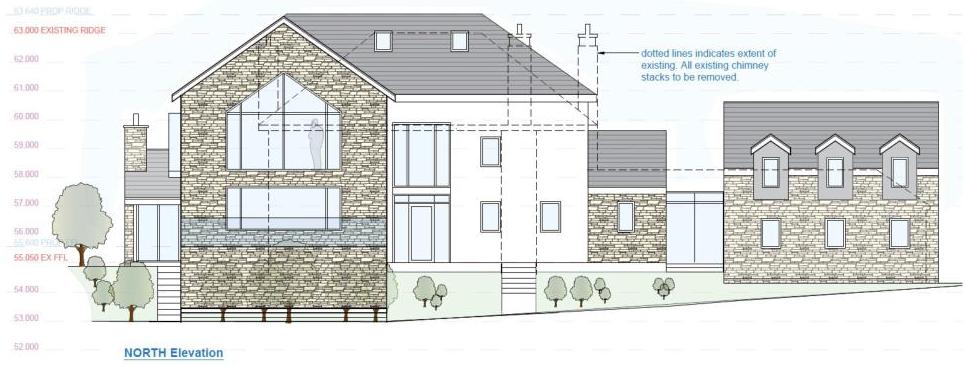 This image displays a North elevation architectural drawing of a residential property, showing proposed stone cladding and window replacements alongside existing structures indicated by dotted lines.