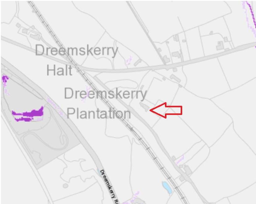 A site location map showing the property area near Dreemskerry Halt and Plantation, marked with a red arrow indicating the specific site.