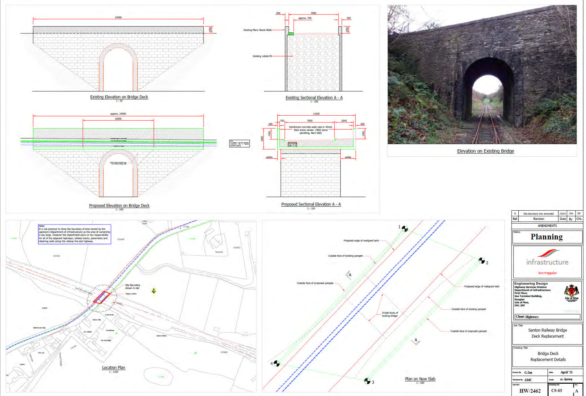 A composite planning sheet showing engineering details for the Santon Railway Bridge, including existing and proposed elevations, sections, a location plan, a plan view of the new slab, and a photograph of the existin...