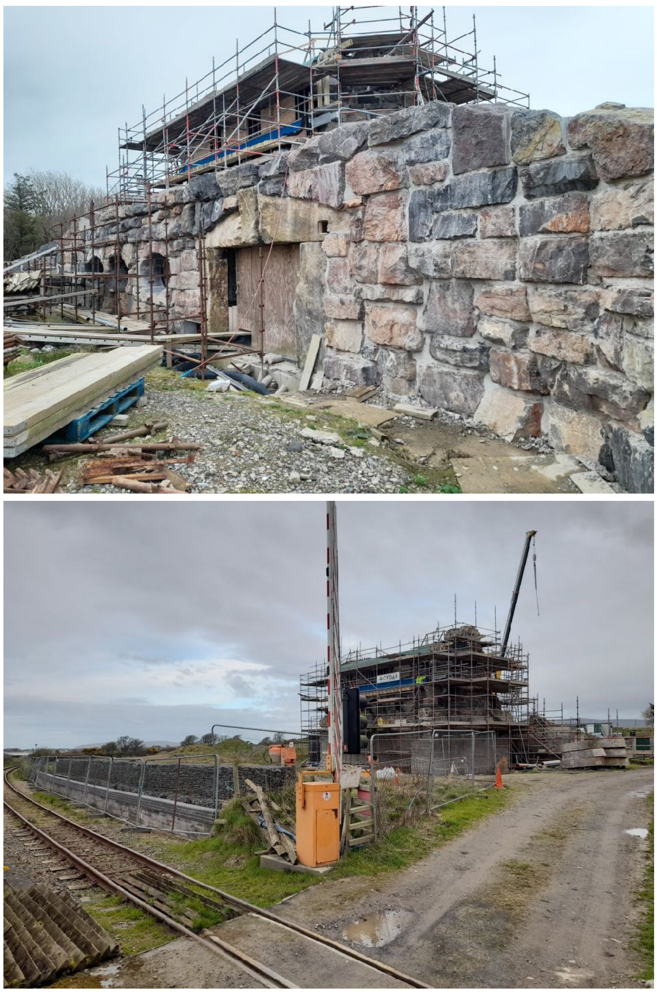Composite image showing a stone building under renovation with extensive scaffolding. The top view details the masonry work while the bottom view shows the site adjacent to railway tracks and a gate barrier.