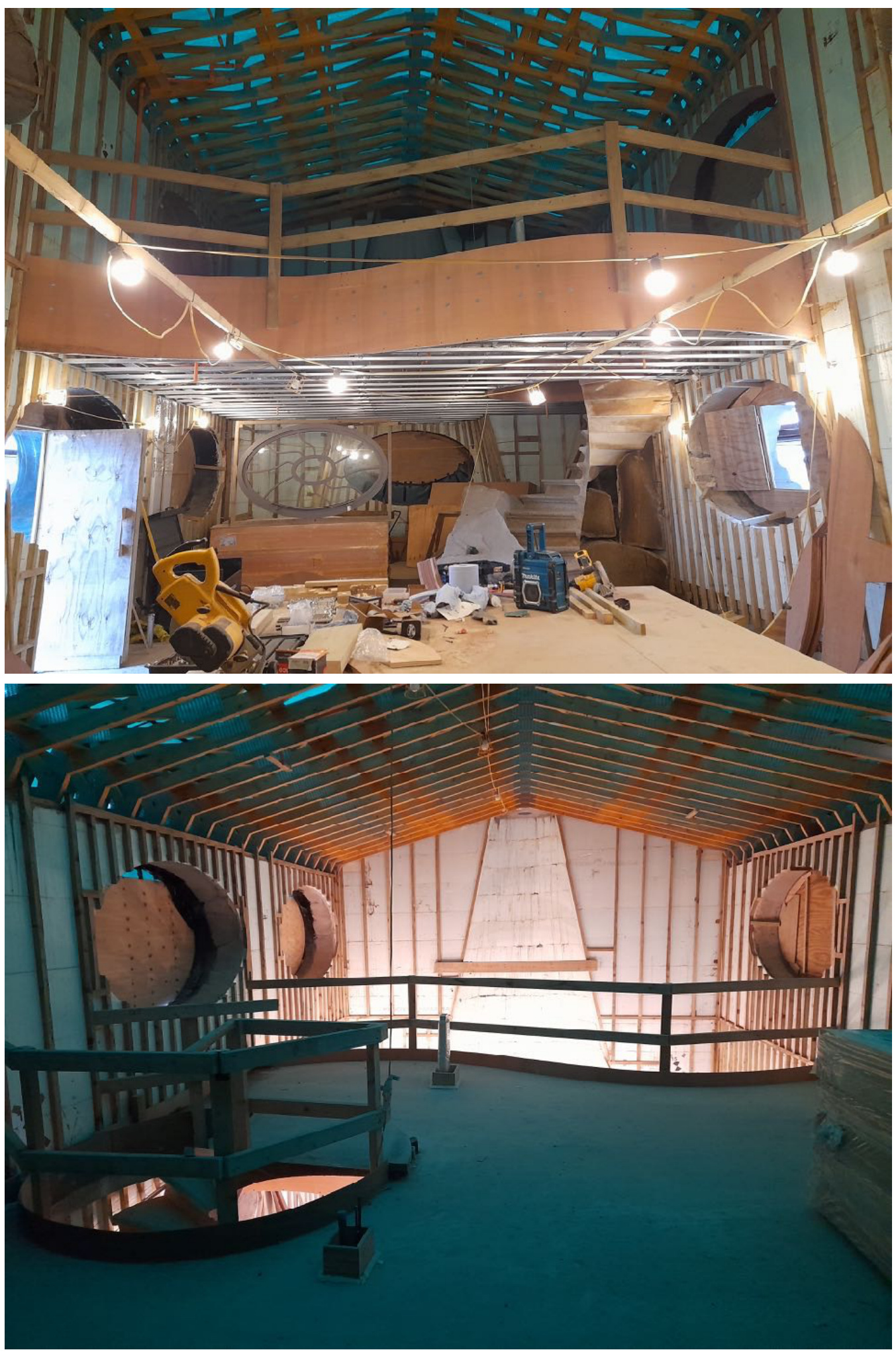Interior photographs of a building under construction showing exposed timber roof framing, a mezzanine level, and construction materials.