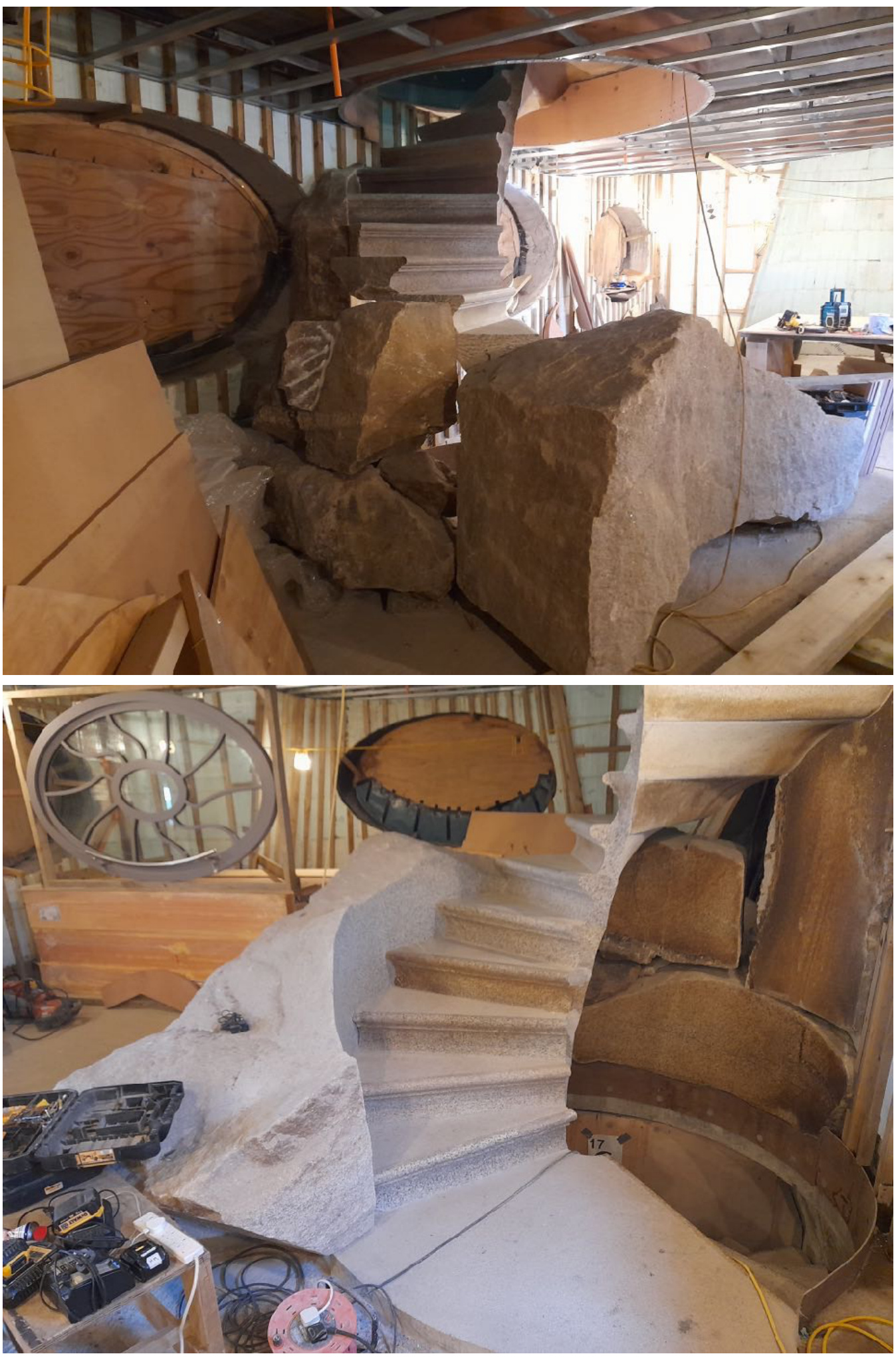 Composite photograph showing the interior construction of a stone spiral staircase and large rough-hewn stone blocks within a building.