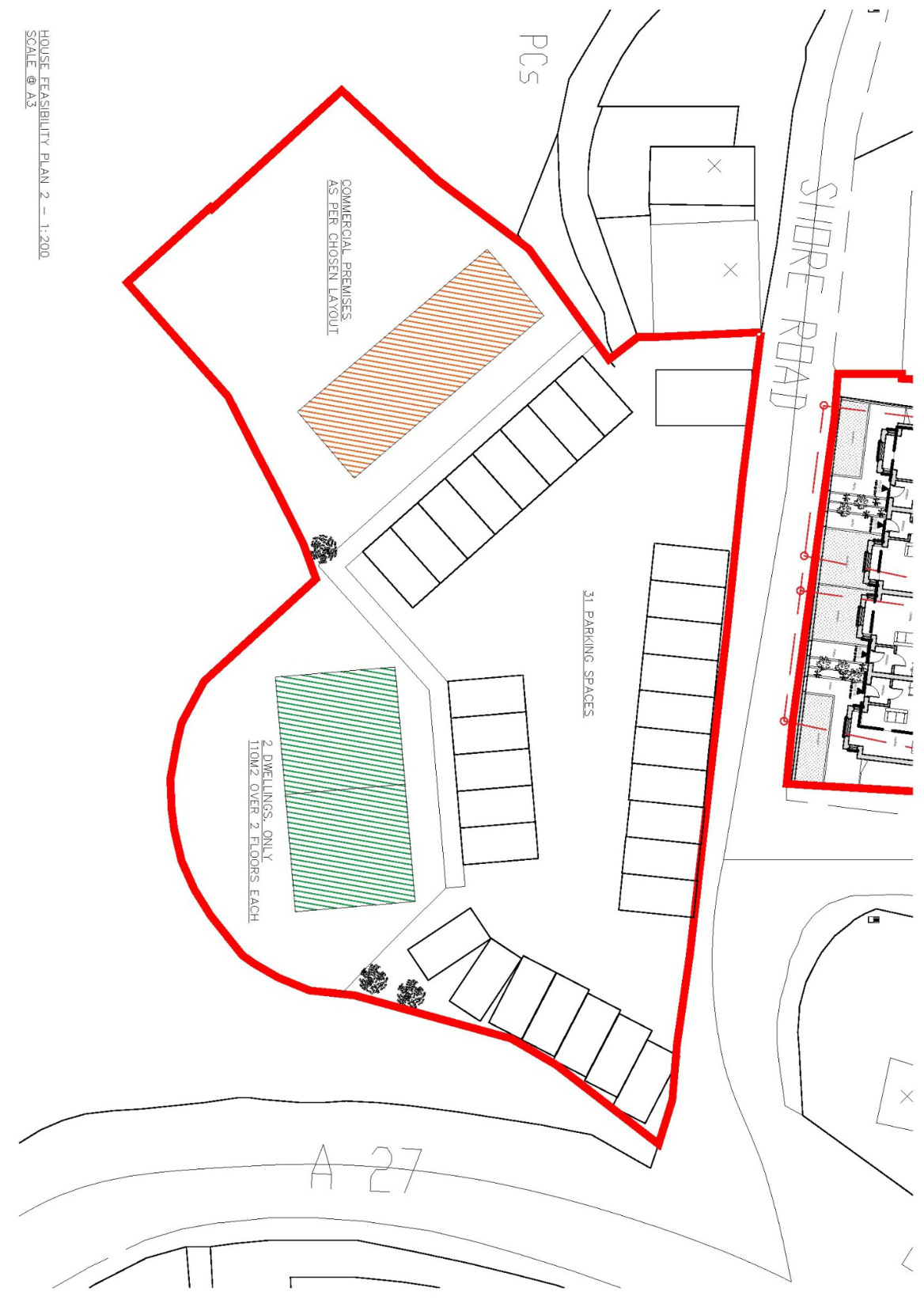 A house feasibility plan showing the proposed layout for a commercial premises and two dwellings with 31 parking spaces along Shore Road.