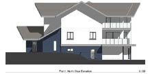 This image displays a North East elevation architectural drawing of a modern two-story detached house featuring a balcony and an integral garage.
