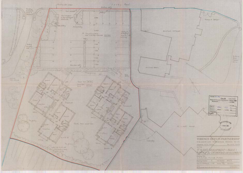 An architectural ground floor plan showing the layout of two new detached dwellings (Block A and Block B) situated on a site with existing buildings and landscaping features.