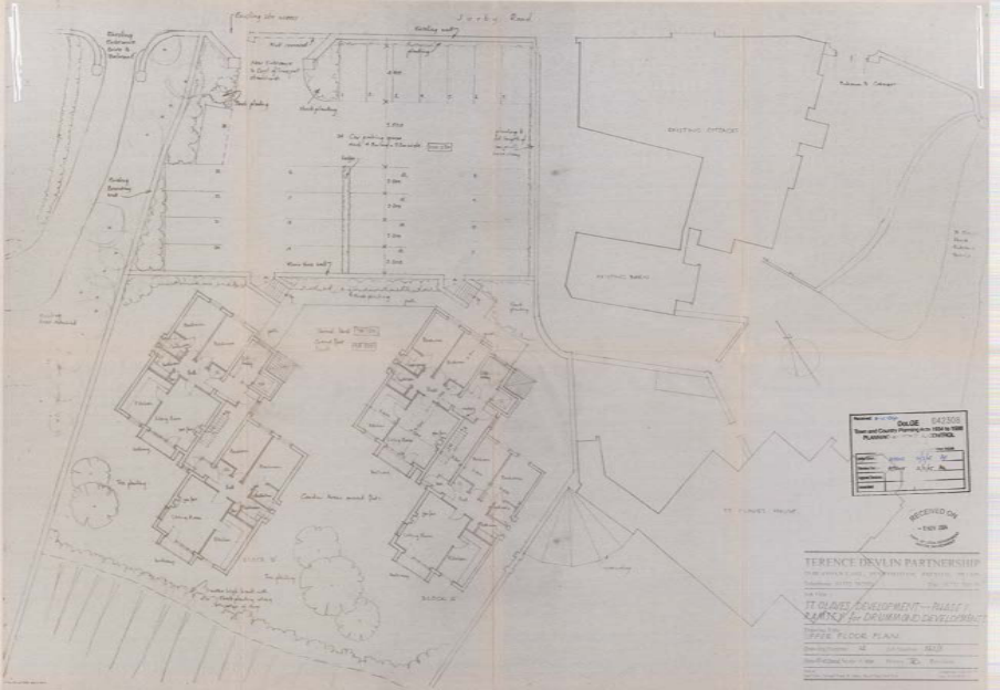 Architectural drawing showing the first floor plan for two new detached dwellings with site context and existing buildings.