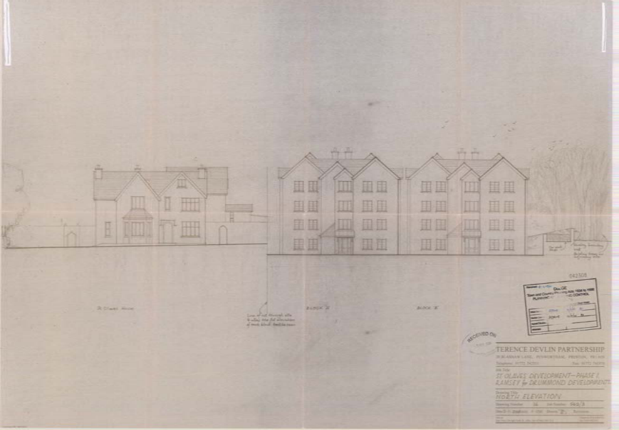 Architectural elevation drawing showing a large detached house on the left and two blocks of residential flats on the right.