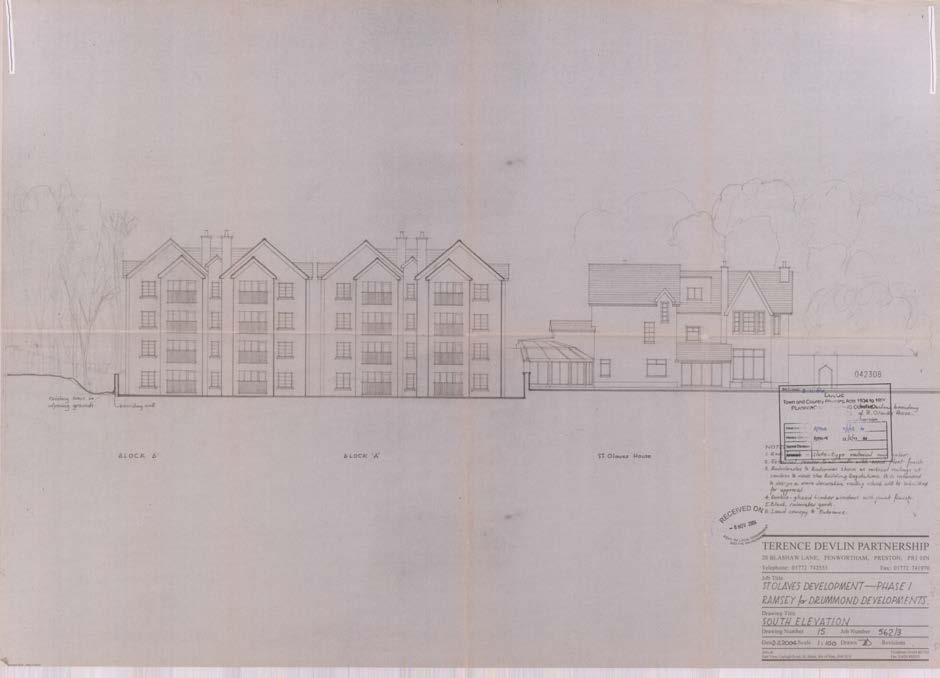 Architectural elevation drawing showing a multi-story block of flats and a detached house with surrounding landscaping and boundary walls.