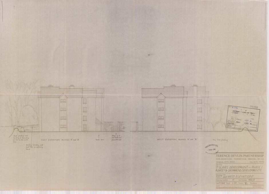 Architectural elevation drawing showing the east and west elevations of two proposed building blocks labeled A and B.