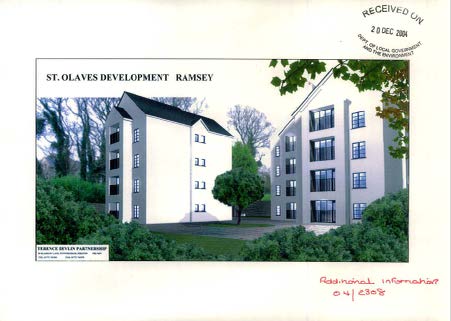 A scanned planning document page featuring a perspective rendering of the 'St. Olaves Development' in Ramsey, dated 2004.