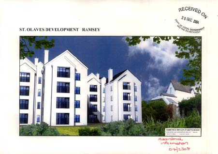 Architectural perspective rendering of a large white residential development with multiple gables and balconies, likely a proposal from a 2004 application.