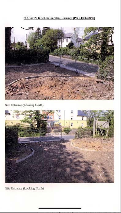 Two photographs showing the site entrance with disturbed earth, fencing, and nearby residential buildings.