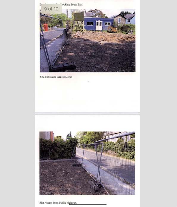 The image displays two photographs from a planning document showing site conditions. The top photo features a blue site cabin and earthworks, while the bottom photo shows the site access from a public highway with tem...