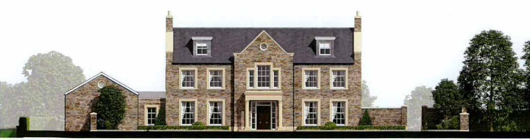 Architectural elevation rendering of a proposed two-story stone replacement dwelling with an attached wing.
