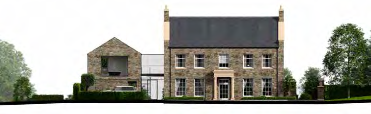 Architectural elevation rendering of a proposed two-story stone house and an adjacent converted barn structure with landscaping.