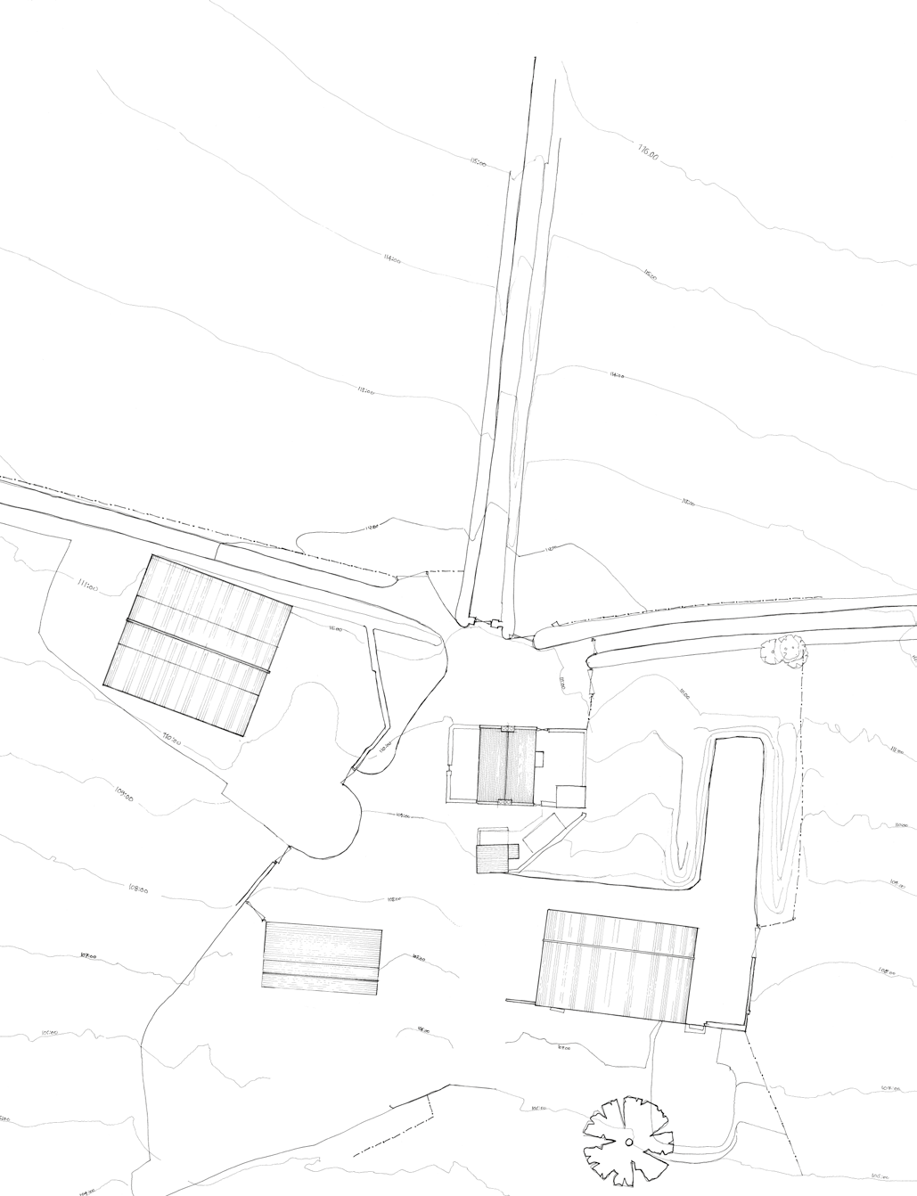 A technical site plan showing topography with contour lines, existing buildings, and road access in a rural setting.