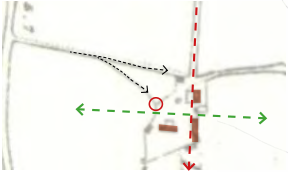 A schematic site plan showing proposed building footprints, directional arrows indicating access, and boundary lines.