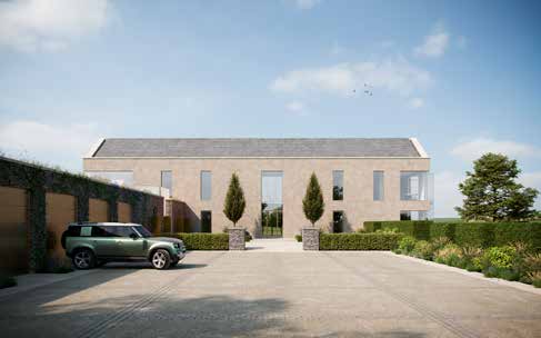 A photorealistic architectural rendering of a proposed modern detached dwelling featuring a stone facade, large windows, and a paved driveway with landscaping.