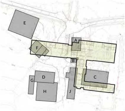 A site plan showing the layout of existing and proposed buildings labeled with letters A through J.