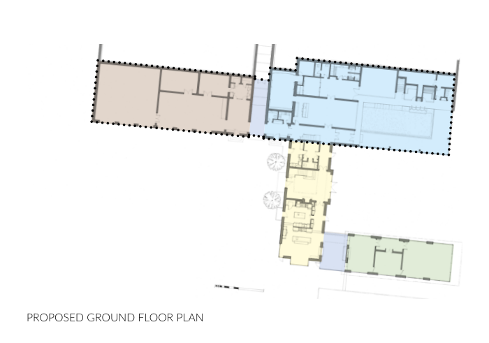 The image shows a technical architectural drawing labeled 'PROPOSED GROUND FLOOR PLAN', displaying the layout of rooms and spaces for a new development with color-coded sections.