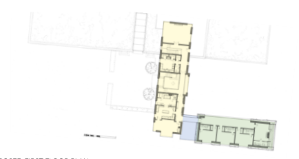 This image displays an architectural ground floor plan for a proposed replacement dwelling, showing room layouts and the building footprint.